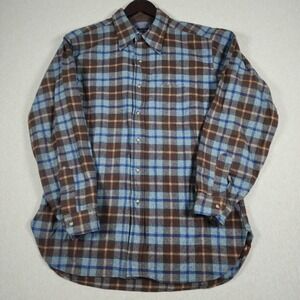Pendleton Pure Virgin Wool Flannel Button Up Shirt Large Blue Brown Plaid USA